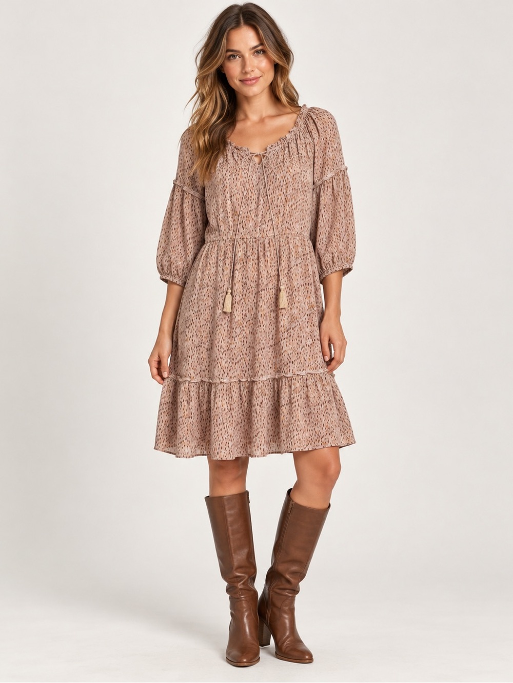 Naïf Size L Boho Tiered Peasant Dress Tassel Tie Blush Brown Cottagecore